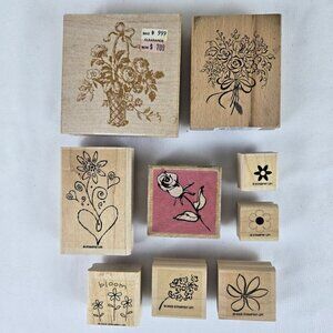 Mixed Brands Bundle of 9 Floral Themed Rubber Stamps Crafts